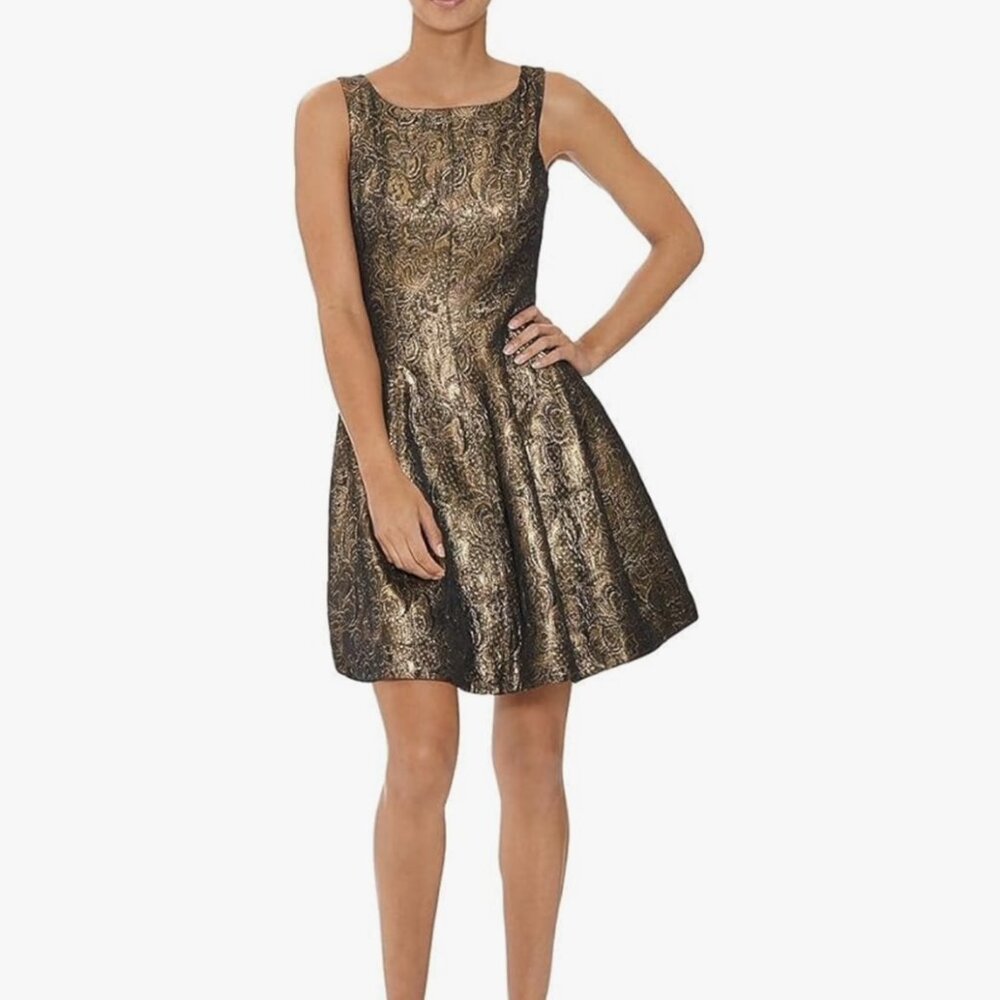 Beautiful jacquard fit and flare party dress by Halston in antique gold - size 6